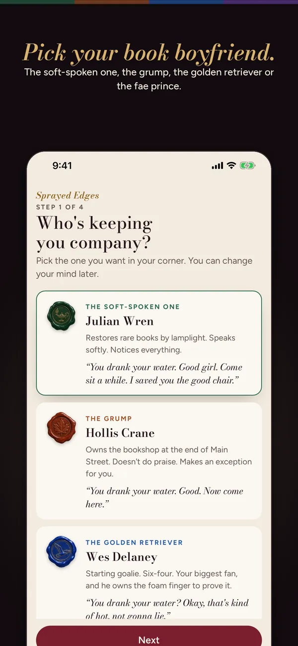 Choosing a character: Julian, Hollis and Wes with their wax seals