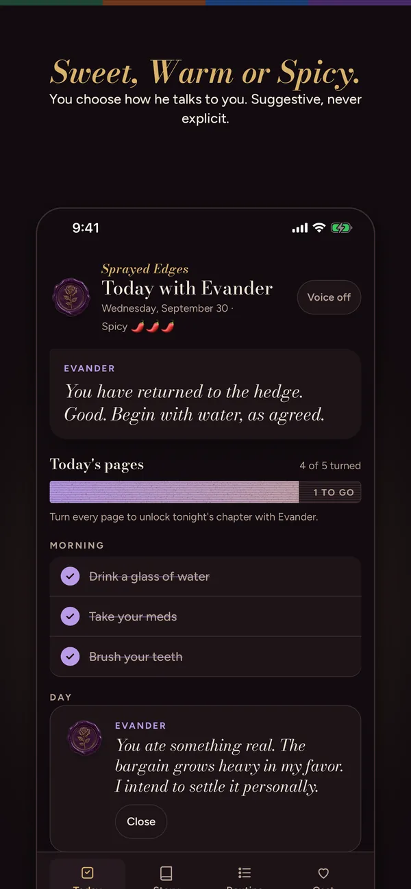 Evander at the Spicy heat level in dark mode