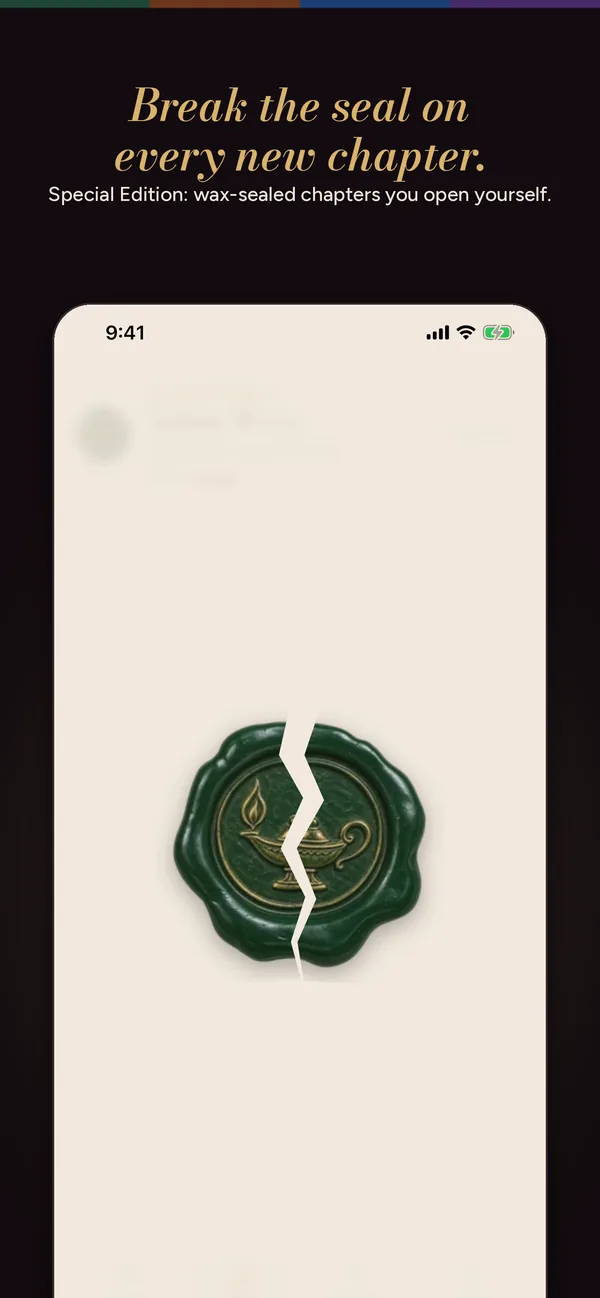A green wax seal cracking open on a new chapter